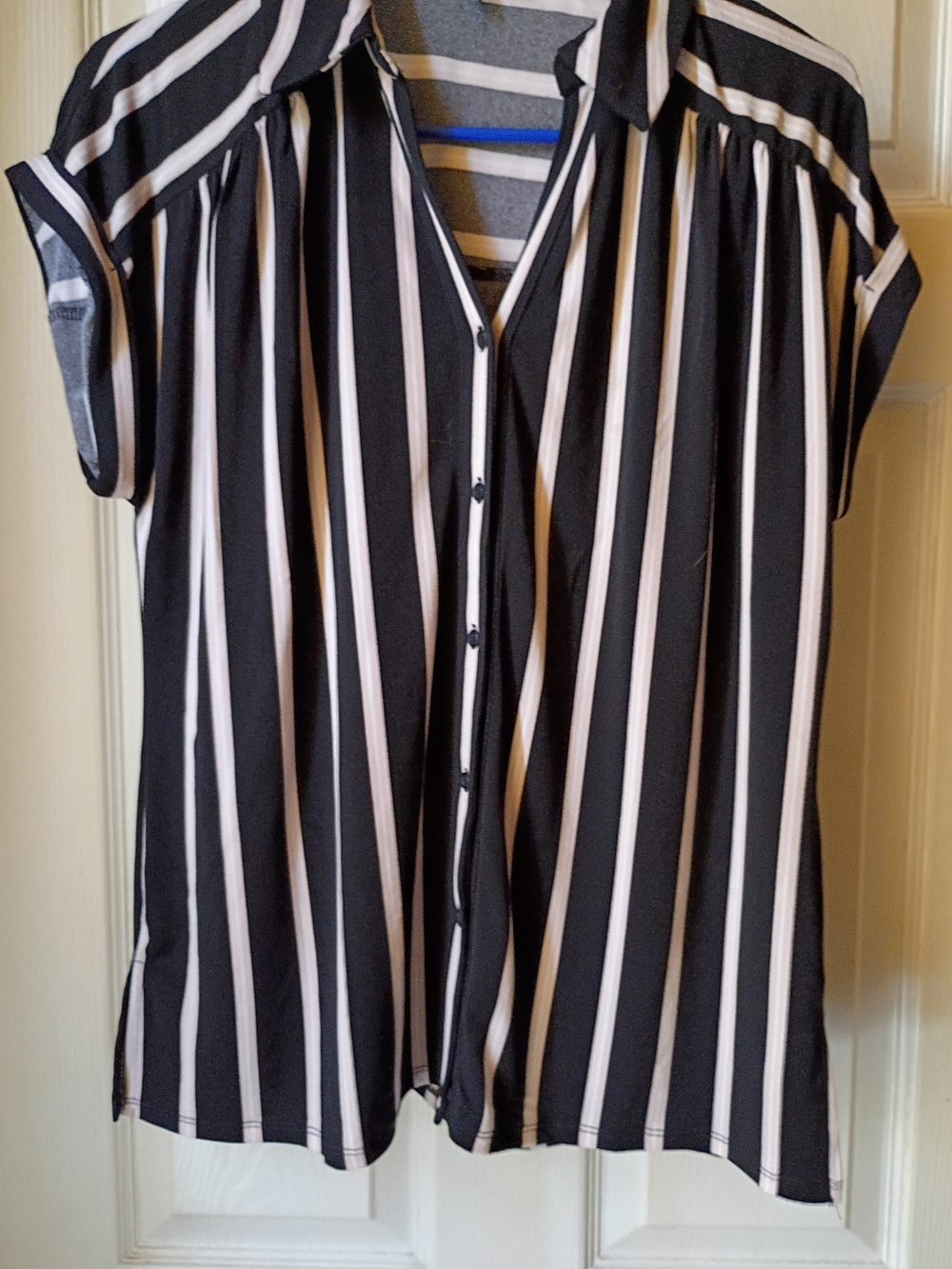 Adrianna Papell Black and White Vertical Stripe Short-Sleeve Button Down Shirt